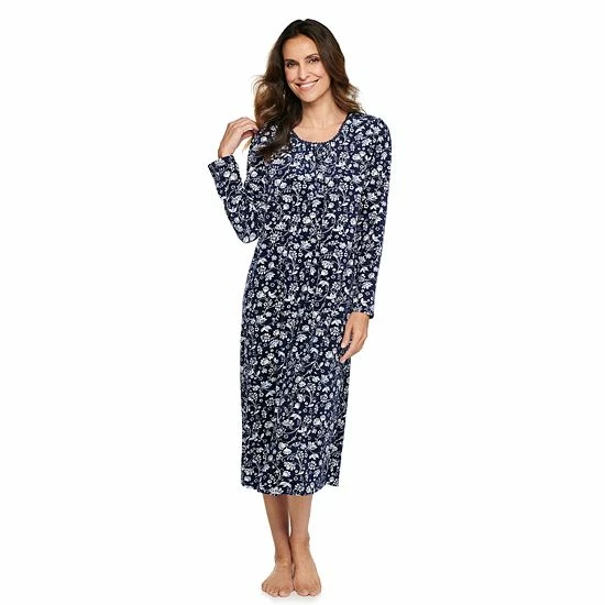 Petite Croft & Barrow® Long Sleeve Velour Nightgown Navy Floral - Image 6