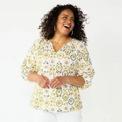 Plus Size Croft & Barrow® Three Quarter Sleeve Peasant Top Paisley Embroidered