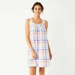 Women's Croft & Barrow® Cotton Woven Nightgown Peach And Blue Check