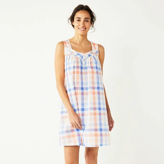 Women's Croft & Barrow® Cotton Woven Nightgown Peach And Blue Check