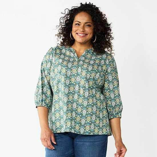 Plus Size Croft & Barrow® Print Splitneck Top Olive Floral - Image 2