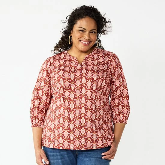 Plus Size Croft & Barrow® Print Splitneck Top Olive Floral - Image 3