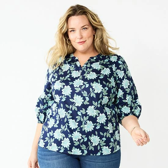 Plus Size Croft & Barrow® Print Splitneck Top Olive Floral - Image 4
