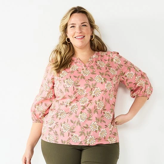 Plus Size Croft & Barrow® Print Splitneck Top Olive Floral - Image 5
