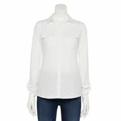 Petite Croft & Barrow® Roll-Tab Sleeve Soft Shirt Teal