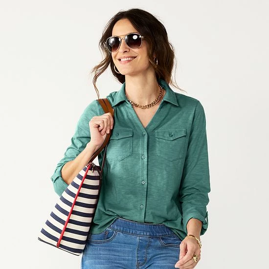 Petite Croft & Barrow® Roll-Tab Sleeve Soft Shirt Teal - Image 7