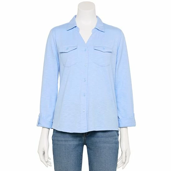 Petite Croft & Barrow® Roll-Tab Sleeve Soft Shirt Teal - Image 9