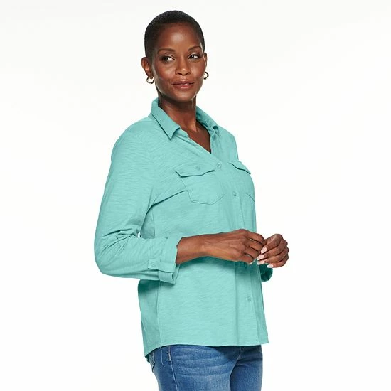 Petite Croft & Barrow® Roll-Tab Sleeve Soft Shirt Teal - Image 11