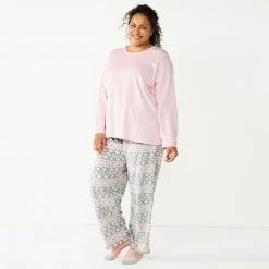 Plus Size Croft & Barrow® Velour Long Sleeve Pajama Top & Pajama Pants Set Burgundy Navy Checks