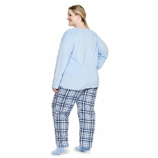 Plus Size Croft & Barrow® Velour Long Sleeve Pajama Top & Pajama Pants Set Burgundy Navy Checks - Image 2