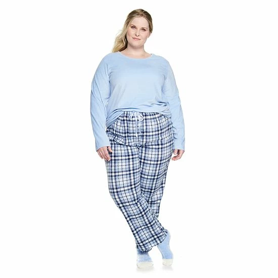 Plus Size Croft & Barrow® Velour Long Sleeve Pajama Top & Pajama Pants Set Burgundy Navy Checks - Image 3