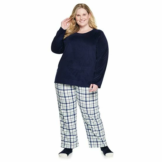 Plus Size Croft & Barrow® Velour Long Sleeve Pajama Top & Pajama Pants Set Burgundy Navy Checks - Image 4