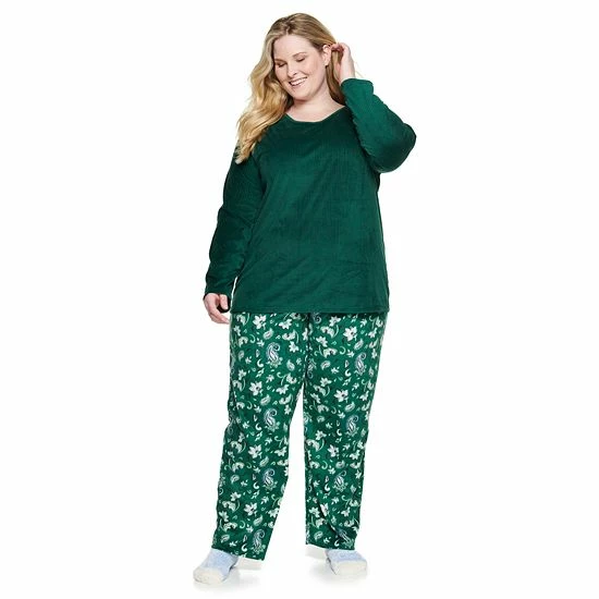 Plus Size Croft & Barrow® Velour Long Sleeve Pajama Top & Pajama Pants Set Burgundy Navy Checks - Image 7