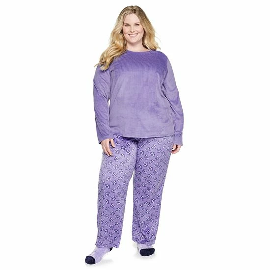 Plus Size Croft & Barrow® Velour Long Sleeve Pajama Top & Pajama Pants Set Burgundy Navy Checks - Image 8