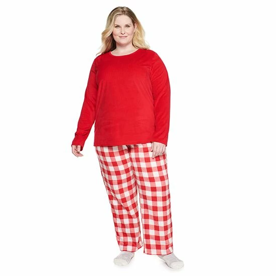 Plus Size Croft & Barrow® Velour Long Sleeve Pajama Top & Pajama Pants Set Burgundy Navy Checks - Image 13