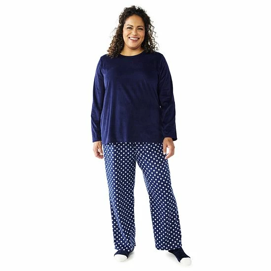 Plus Size Croft & Barrow® Velour Long Sleeve Pajama Top & Pajama Pants Set Burgundy Navy Checks - Image 14