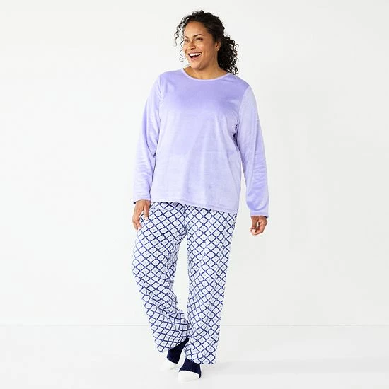 Plus Size Croft & Barrow® Velour Long Sleeve Pajama Top & Pajama Pants Set Burgundy Navy Checks - Image 16