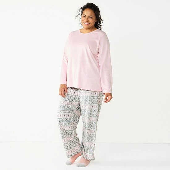 Plus Size Croft & Barrow® Velour Long Sleeve Pajama Top & Pajama Pants Set Burgundy Navy Checks - Image 17