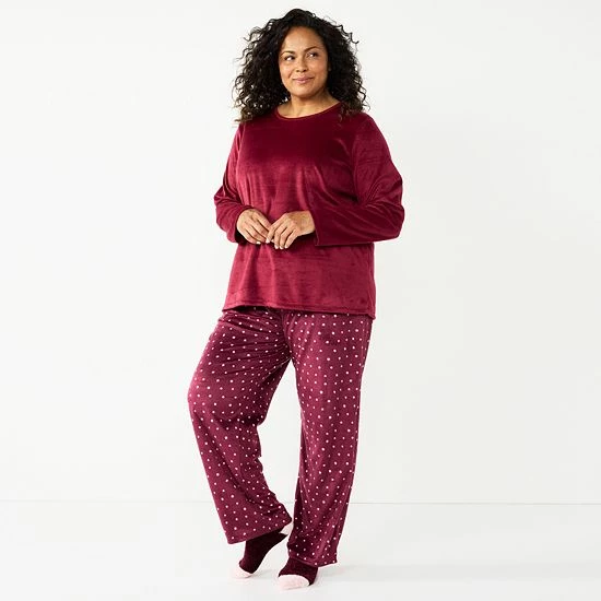 Plus Size Croft & Barrow® Velour Long Sleeve Pajama Top & Pajama Pants Set Burgundy Navy Checks - Image 18