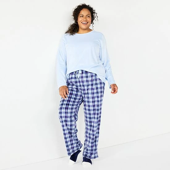 Plus Size Croft & Barrow® Velour Long Sleeve Pajama Top & Pajama Pants Set Burgundy Navy Checks - Image 19