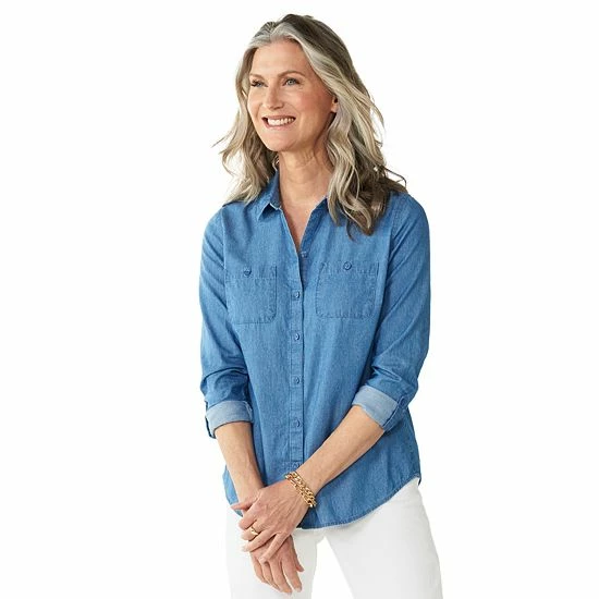 Petite Croft & Barrow® Essential Comfort Stretch Shirt Blue Stripe - Image 4