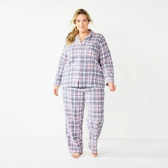 Plus Size Croft & Barrow® Flannel Long Sleeve Pajama Shirt & Pajama Pants Set Pink Plaid - Image 8