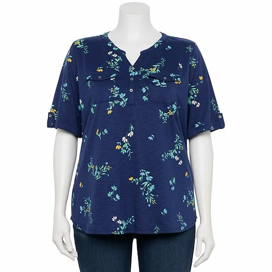 Plus Croft & Barrow Roll-Tab Utility Henley Top Black White Tiny Tile - Image 3