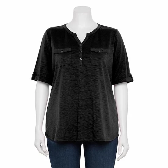 Plus Croft & Barrow Roll-Tab Utility Henley Top Black White Tiny Tile - Image 4