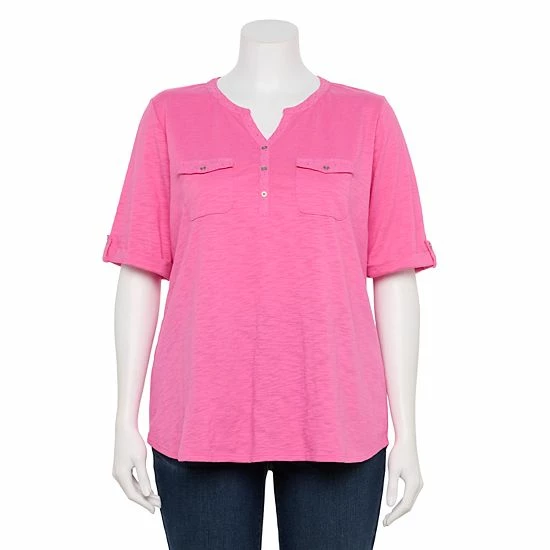 Plus Croft & Barrow Roll-Tab Utility Henley Top Black White Tiny Tile - Image 12