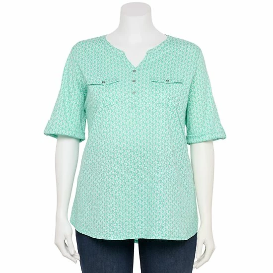 Plus Croft & Barrow Roll-Tab Utility Henley Top Black White Tiny Tile - Image 15