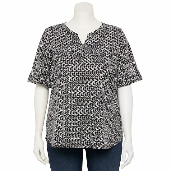 Plus Croft & Barrow Roll-Tab Utility Henley Top Black White Tiny Tile - Image 19