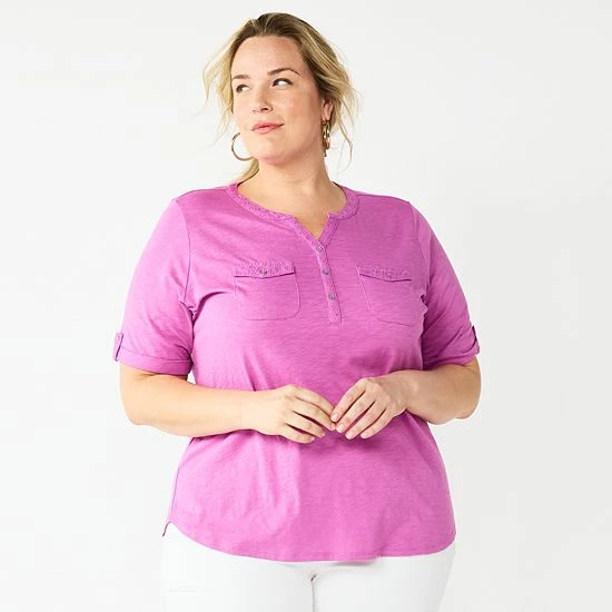 Plus Croft & Barrow Roll-Tab Utility Henley Top Black White Tiny Tile - Image 20