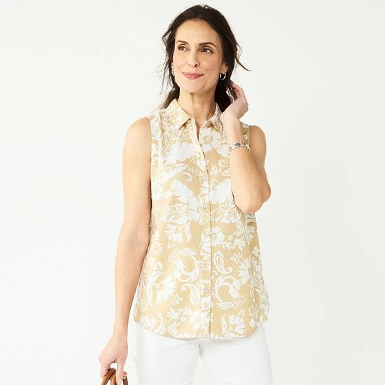 Women's Croft & Barrow® Sleeveless Linen Blend Shirt Teal Palm - Image 3