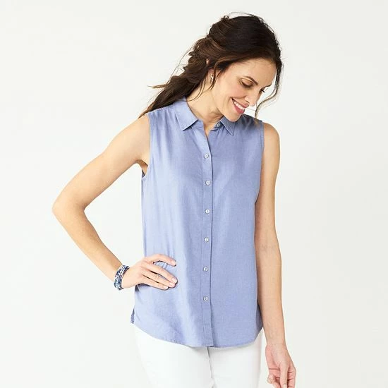 Women's Croft & Barrow® Sleeveless Linen Blend Shirt Teal Palm - Image 4