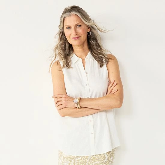 Women's Croft & Barrow® Sleeveless Linen Blend Shirt Teal Palm - Image 6