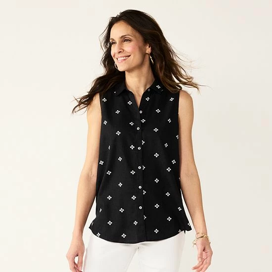 Women's Croft & Barrow® Sleeveless Linen Blend Shirt Teal Palm - Image 9