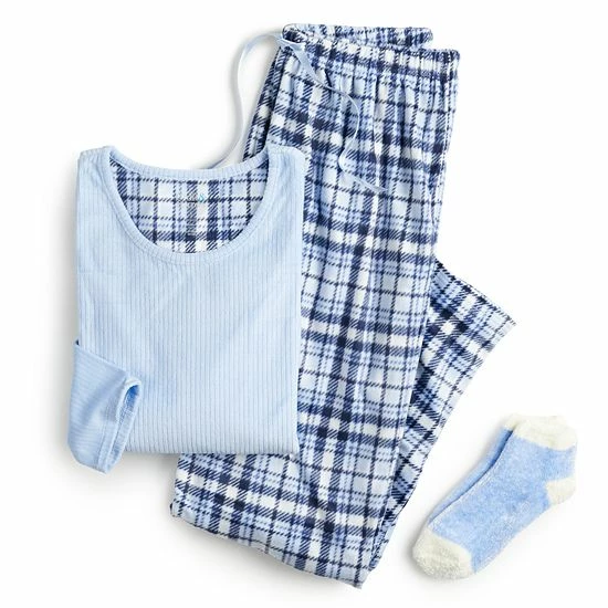 Petite Croft & Barrow® Velour Long Sleeve Pajama Top & Pajama Pants Set Mint Plaid - Image 3