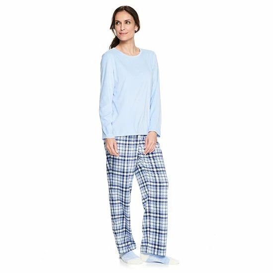 Petite Croft & Barrow® Velour Long Sleeve Pajama Top & Pajama Pants Set Mint Plaid - Image 4