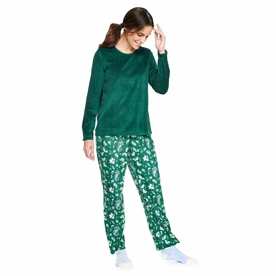 Petite Croft & Barrow® Velour Long Sleeve Pajama Top & Pajama Pants Set Mint Plaid - Image 5