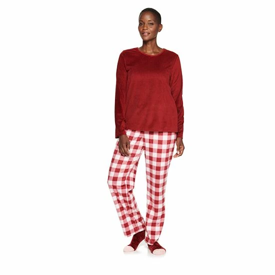 Petite Croft & Barrow® Velour Long Sleeve Pajama Top & Pajama Pants Set Mint Plaid - Image 15