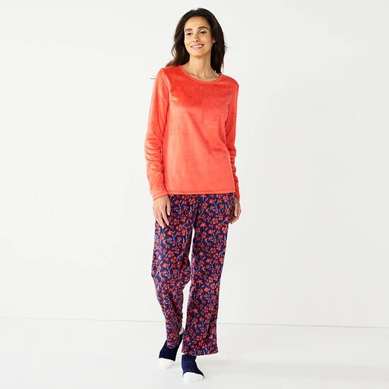 Petite Croft & Barrow® Long Sleeve Pajama Top & Pajama Pants Sleep Set Dark Blue Floral - Image 5