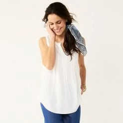 Petite Croft & Barrow® Pintuck Splitneck Sleeveless Top Pink Tile Print