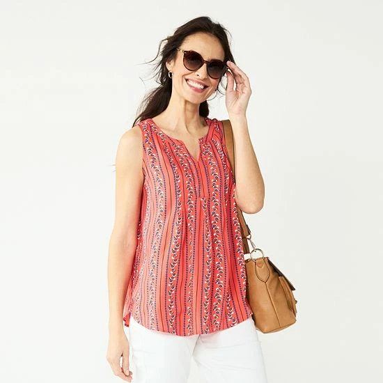 Petite Croft & Barrow® Pintuck Splitneck Sleeveless Top Pink Tile Print - Image 2