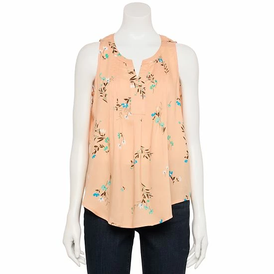 Petite Croft & Barrow® Pintuck Splitneck Sleeveless Top Pink Tile Print - Image 3