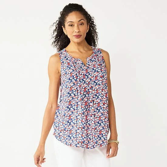 Petite Croft & Barrow® Pintuck Splitneck Sleeveless Top Pink Tile Print - Image 9