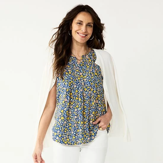 Petite Croft & Barrow® Pintuck Splitneck Sleeveless Top Pink Tile Print - Image 13