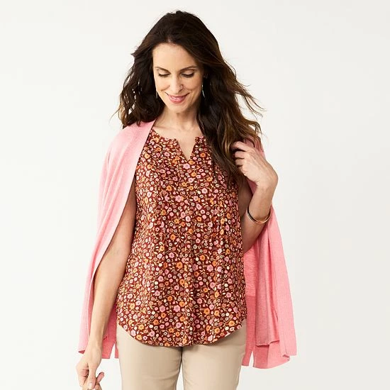 Petite Croft & Barrow® Pintuck Splitneck Sleeveless Top Pink Tile Print - Image 15