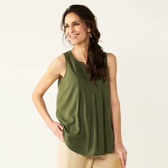 Petite Croft & Barrow® Pintuck Splitneck Sleeveless Top Pink Tile Print - Image 16