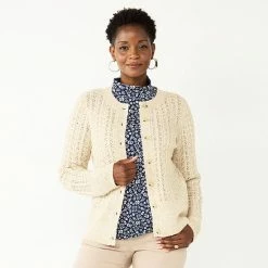 Petite Croft & Barrow® Stitch Crewneck Cardigan Cream