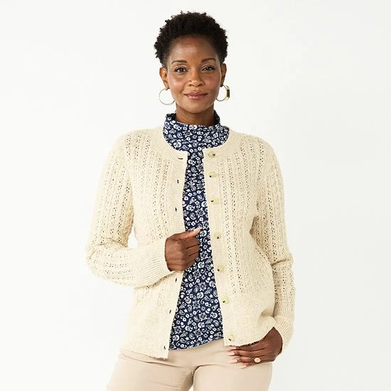 Petite Croft & Barrow® Stitch Crewneck Cardigan Cream
